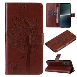 Embossing Butterfly Tree Leather Wallet Case for Sony Xperia 1 V - Coffee