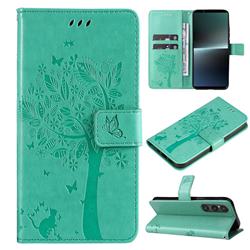 Embossing Butterfly Tree Leather Wallet Case for Sony Xperia 1 V - Cyan
