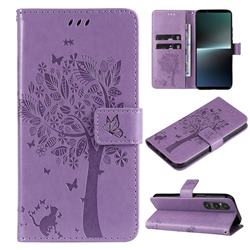 Embossing Butterfly Tree Leather Wallet Case for Sony Xperia 1 V - Violet