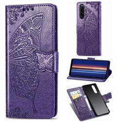Embossing Mandala Flower Butterfly Leather Wallet Case for Sony Xperia 5 - Dark Purple