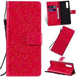 Embossing Sunflower Leather Wallet Case for Sony Xperia 5 - Red