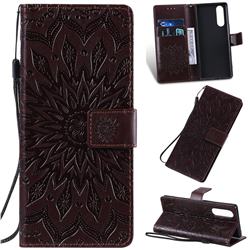 Embossing Sunflower Leather Wallet Case for Sony Xperia 5 - Brown