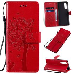 Embossing Butterfly Tree Leather Wallet Case for Sony Xperia 5 - Red