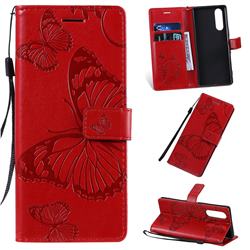 Embossing 3D Butterfly Leather Wallet Case for Sony Xperia 5 - Red