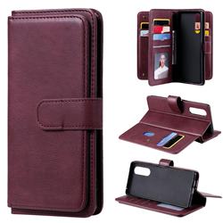 Multi-function Ten Card Slots and Photo Frame PU Leather Wallet Phone Case Cover for Sony Xperia 5 - Claret