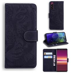 Intricate Embossing Tiger Face Leather Wallet Case for Sony Xperia 5 - Black