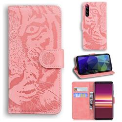 Intricate Embossing Tiger Face Leather Wallet Case for Sony Xperia 5 - Pink