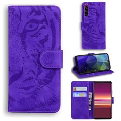 Intricate Embossing Tiger Face Leather Wallet Case for Sony Xperia 5 - Purple