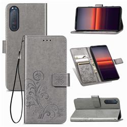 Embossing Imprint Four-Leaf Clover Leather Wallet Case for Sony Xperia 5 II - Grey