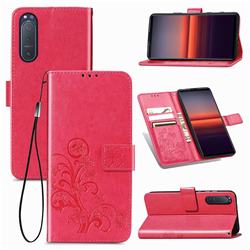Embossing Imprint Four-Leaf Clover Leather Wallet Case for Sony Xperia 5 II - Rose Red