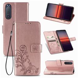 Embossing Imprint Four-Leaf Clover Leather Wallet Case for Sony Xperia 5 II - Rose Gold