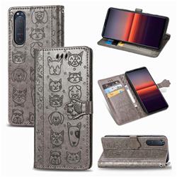 Embossing Dog Paw Kitten and Puppy Leather Wallet Case for Sony Xperia 5 II - Gray