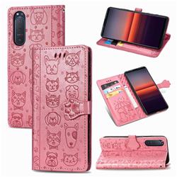 Embossing Dog Paw Kitten and Puppy Leather Wallet Case for Sony Xperia 5 II - Pink