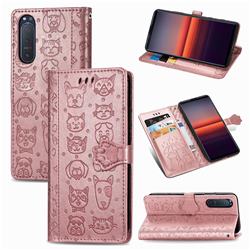 Embossing Dog Paw Kitten and Puppy Leather Wallet Case for Sony Xperia 5 II - Rose Gold