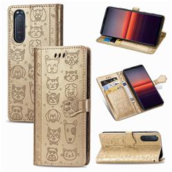 Embossing Dog Paw Kitten and Puppy Leather Wallet Case for Sony Xperia 5 II - Champagne Gold