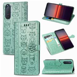 Embossing Dog Paw Kitten and Puppy Leather Wallet Case for Sony Xperia 5 II - Green