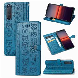 Embossing Dog Paw Kitten and Puppy Leather Wallet Case for Sony Xperia 5 II - Blue