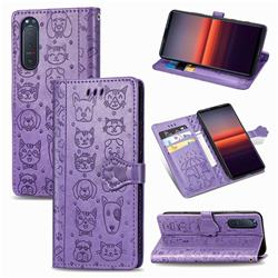 Embossing Dog Paw Kitten and Puppy Leather Wallet Case for Sony Xperia 5 II - Purple