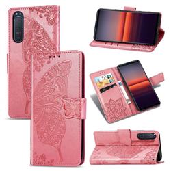 Embossing Mandala Flower Butterfly Leather Wallet Case for Sony Xperia 5 II - Pink