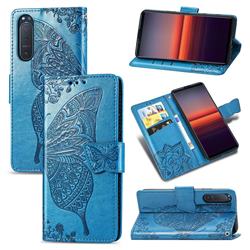 Embossing Mandala Flower Butterfly Leather Wallet Case for Sony Xperia 5 II - Blue