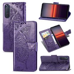 Embossing Mandala Flower Butterfly Leather Wallet Case for Sony Xperia 5 II - Dark Purple