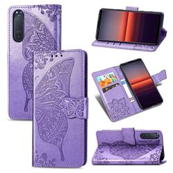 Embossing Mandala Flower Butterfly Leather Wallet Case for Sony Xperia 5 II - Light Purple