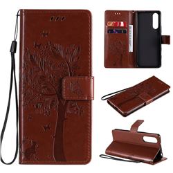 Embossing Butterfly Tree Leather Wallet Case for Sony Xperia 5 II - Coffee