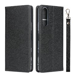 Ultra Slim Magnetic Automatic Suction Silk Lanyard Leather Flip Cover for Sony Xperia 5 II - Black