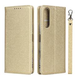 Ultra Slim Magnetic Automatic Suction Silk Lanyard Leather Flip Cover for Sony Xperia 5 II - Golden