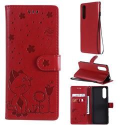 Embossing Bee and Cat Leather Wallet Case for Sony Xperia 5 II - Red