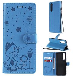 Embossing Bee and Cat Leather Wallet Case for Sony Xperia 5 II - Blue