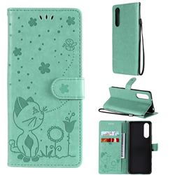 Embossing Bee and Cat Leather Wallet Case for Sony Xperia 5 II - Green