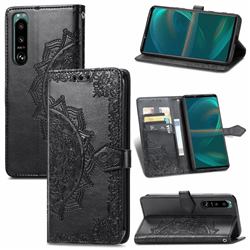 Embossing Imprint Mandala Flower Leather Wallet Case for Sony Xperia 5 III - Black
