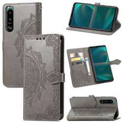 Embossing Imprint Mandala Flower Leather Wallet Case for Sony Xperia 5 III - Gray