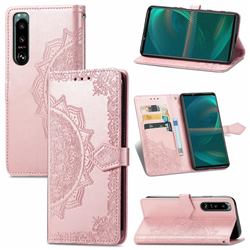 Embossing Imprint Mandala Flower Leather Wallet Case for Sony Xperia 5 III - Rose Gold