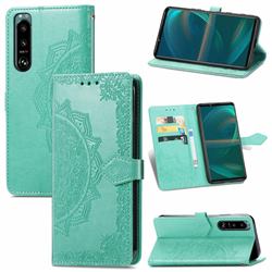 Embossing Imprint Mandala Flower Leather Wallet Case for Sony Xperia 5 III - Green