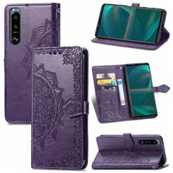 Embossing Imprint Mandala Flower Leather Wallet Case for Sony Xperia 5 III - Purple