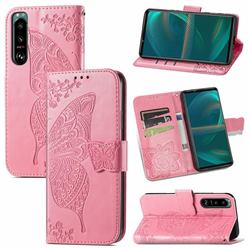Embossing Mandala Flower Butterfly Leather Wallet Case for Sony Xperia 5 III - Pink