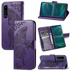 Embossing Mandala Flower Butterfly Leather Wallet Case for Sony Xperia 5 III - Dark Purple