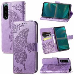 Embossing Mandala Flower Butterfly Leather Wallet Case for Sony Xperia 5 III - Light Purple