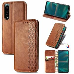 Ultra Slim Fashion Business Card Magnetic Automatic Suction Leather Flip Cover for Sony Xperia 5 III - Brown