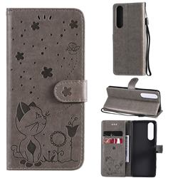 Embossing Bee and Cat Leather Wallet Case for Sony Xperia 5 III - Gray
