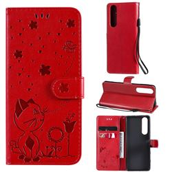 Embossing Bee and Cat Leather Wallet Case for Sony Xperia 5 III - Red