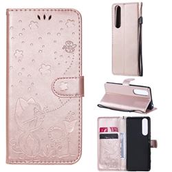 Embossing Bee and Cat Leather Wallet Case for Sony Xperia 5 III - Rose Gold