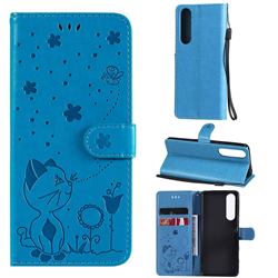 Embossing Bee and Cat Leather Wallet Case for Sony Xperia 5 III - Blue