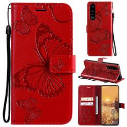 Embossing 3D Butterfly Leather Wallet Case for Sony Xperia 5 III - Red