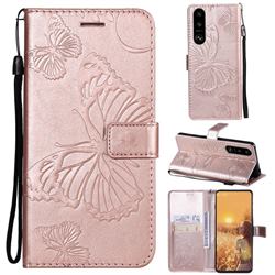 Embossing 3D Butterfly Leather Wallet Case for Sony Xperia 5 III - Rose Gold