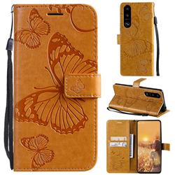Embossing 3D Butterfly Leather Wallet Case for Sony Xperia 5 III - Yellow