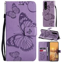 Embossing 3D Butterfly Leather Wallet Case for Sony Xperia 5 III - Purple