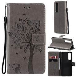 Embossing Butterfly Tree Leather Wallet Case for Sony Xperia 5 III - Grey
